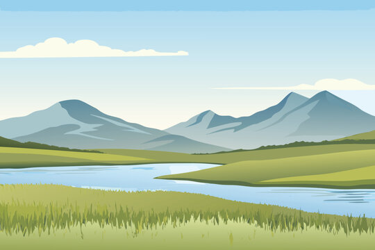 A peaceful landscape depicts rolling green hills a winding river and mountains