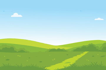 Obraz premium A serene landscape depicts rolling green hills beneath a clear blue sky