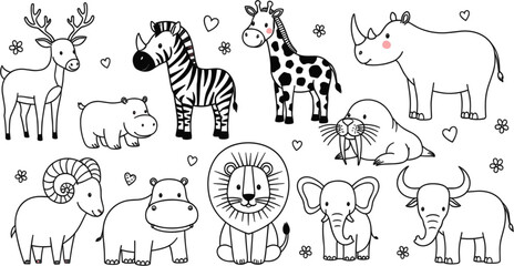 Cute Safari Animals Outline Collection with Zebra, Giraffe, Lion, Elephant, Rhino, and Deer for Kids Coloring Book and Nursery Design © Selim Studio