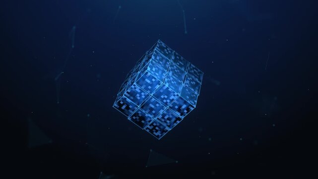 Connected Blockchain Cubes Forming a Big Cube - Animation Loop. DeFi tech, blockchain technology and distributed cryptocurrency fintech solution animated looped concept on abstract blue background.