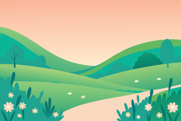 Obraz premium A peaceful stylized landscape depicts rolling green hills under a soft sky