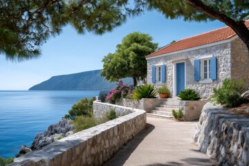 Greece coastal stone villa overlooking deep blue Mediterranean sea
