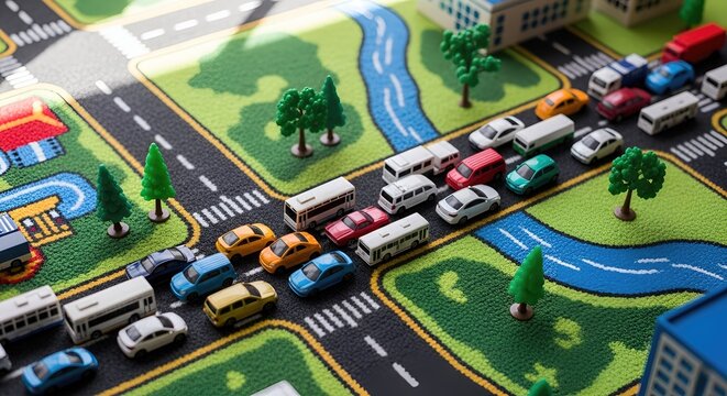 Miniature City Street Scene with Toy Cars and Buildings Displaying Traffic Congestion and Lush Greenery Under Bright Daylight
