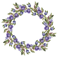 Blueberry round frame or wreath with green leaves. Hand-drawn watercolor illustration isolated on white background. Perfect for invitations, logo design, or food-related branding