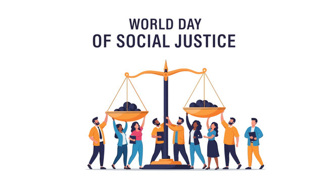 Illustration of diverse people standing around balanced scales on World Day of Social Justice, promoting equality, fairness, and human rights with a hopeful mood.