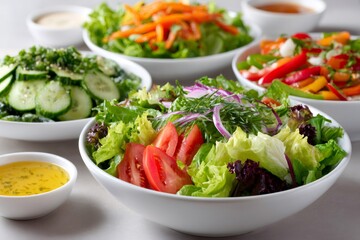 Assortment of fresh garden salads with dressings
