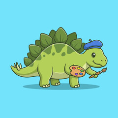 Obraz premium A charming dinosaur with a paint paletteand brush wears a beret, symbolizing creativity and imagination in a joyful and artistic pop culturestyleagainst a bright bluebackdrop.