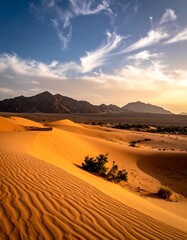 Rippled desert dunes meet rugged mountains under a wispy, blue sky