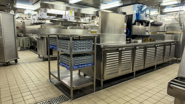 Professional Commercial Kitchen with Stainless Steel Equipment and Workstations