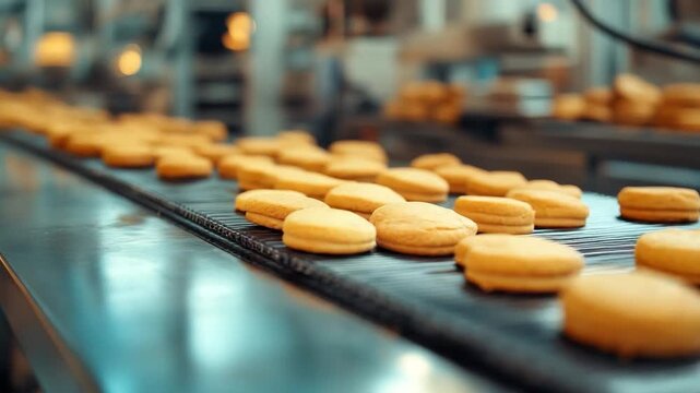 A conveyor belt carries a procession of round baked goods within a commercial food factory