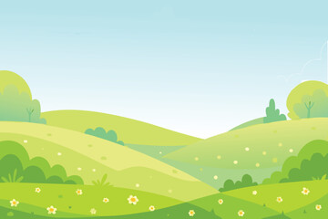 Obraz premium A serene landscape depicts rolling green hills under a bright blue sky