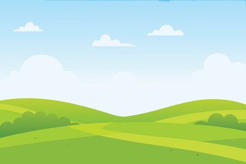 Obraz premium A serene landscape depicts rolling green hills under a bright blue sky