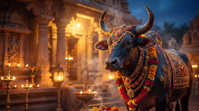 Black Nandi bull adorned with colorful flower garlands and sacred oil lamps for Vijaya Ekadashi, depicting Hindu worship, Indian cultural celebration,
