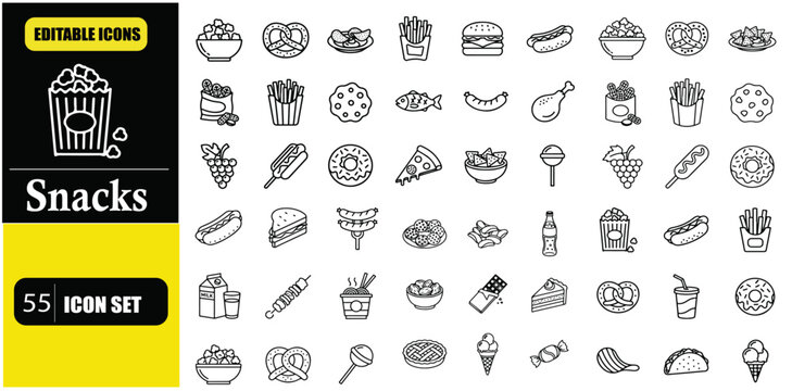 Snacks Line Icon Set &ndash; Editable Stroke Snack Food, Fast Food, Dessert, Candy, Chips, Popcorn, Chocolate, Bakery and Street Food Linear Icons for Web, App, UI, UX and Food Design