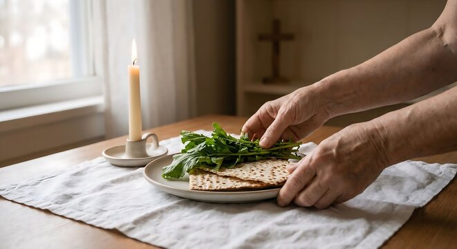 Hands arranging unleavened bread and greens for faith meal