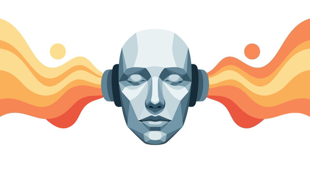 Abstract digital illustration of a serene geometric head in headphones, immersed in vibrant flowing sound waves and visual effects.