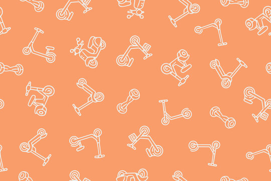 Seamless vector pattern with doodle-style icons of various electric scooters, bicycles, and hoverboards.