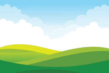 Fototapeta premium A simple colorful landscape depicts rolling green hills beneath a blue sky