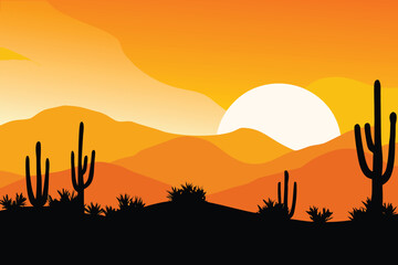 Fototapeta premium A vibrant desert landscape silhouetted against a warm setting sun glow high quality