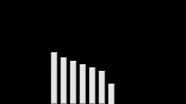 Animated 3D bar chart showing a steady decline in financial growth and decreasing economic trends on a black background.