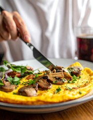 Close-up of a person cutting into a mushroom omelet with greens