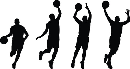 Basketball player silhouette collection, male athlete jumping shooting poses, full body sports action figures, slam dunk motion illustration set © Mst Samsun Nahar