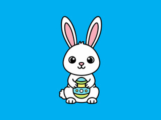 Obraz premium Cute white bunny holding a decorated Easter egg on blue background vector illustration