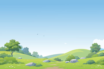 A serene landscape featuring rolling green hills and a bright blue sky