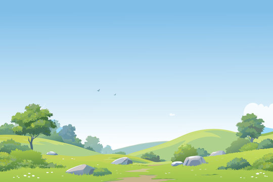 A serene landscape featuring rolling green hills and a bright blue sky