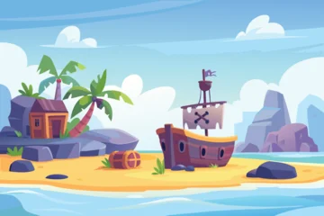 Poster Piraten A vibrant cartoon illustration depicts a tropical island with a shipwrecked vessel  © MAYENUDDIN