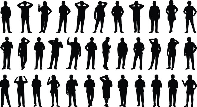 Business people silhouette set, male female professional standing poses collection, corporate team characters, office communication, full body outline vector
