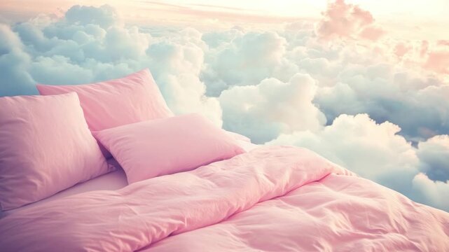 A fluffy pink bed rests against a backdrop of clouds, a dreamscape of tranquility