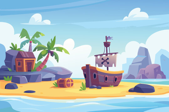 A vibrant cartoon illustration depicts a tropical island with a shipwrecked vessel
