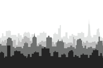 Obraz premium A grayscale silhouette of a dense urban cityscape against a bright sky