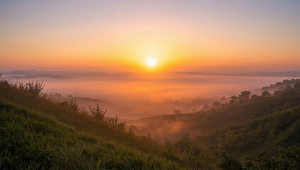 Obraz premium Golden sunrise over misty rolling hills with soft light and peaceful atmosphere
