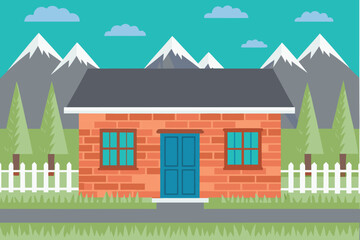 Fototapeta premium A charming red brick house sits peacefully amidst mountains and green trees