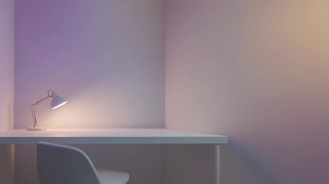 Soft lit corner desk pastel wall gradient shifting rhythmic seamless futuristic surreal ethereal ambience cascading softly glowing abstract unique style ultra realistic loop