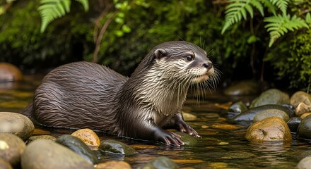 Fototapeta premium A sleek brown otter stands in a shallow rocky stream with lush green foliage in the background.