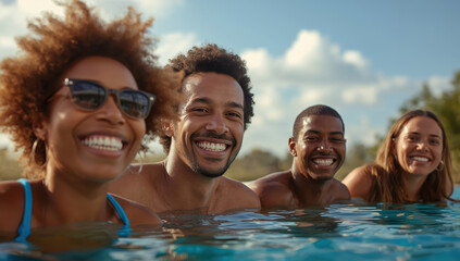 Obraz premium Smiling friends swimming in pool on sunny summer afternoon, joyful and relaxed