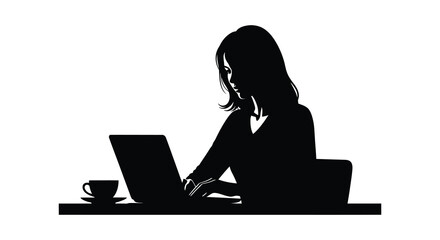 A woman works on a laptop with a cup of coffee depicted in a striking black silhouette on transparent background © mrvect02
