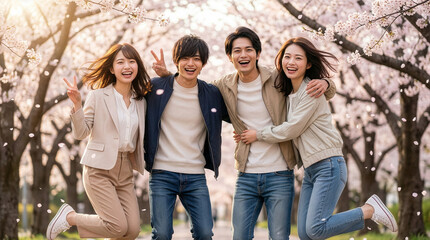 満開の桜と笑顔の若者たち