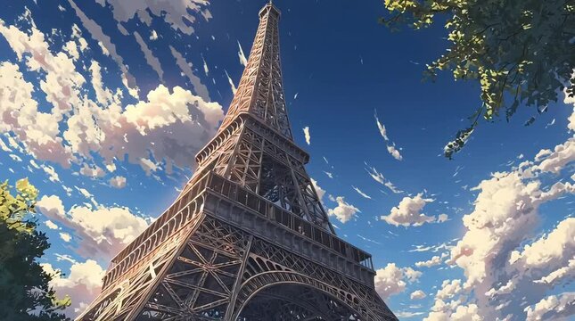 Animated Anime Eiffel Tower Cityscape With Blue Sky Clouds and Urban Buildings