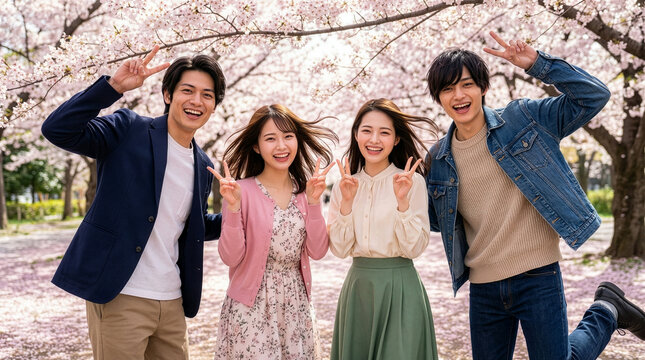 満開の桜と笑顔の若者たち