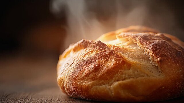 Freshly baked artisan bread loaf with crispy golden crust and steam on wooden surface
