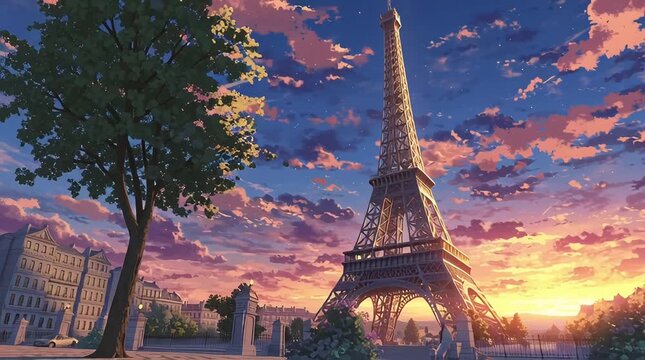 Animated Anime Eiffel Tower Cityscape With Sunset Night Sky Clouds and Urban Buildings