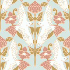 Cotton fabric Elegant Art Nouveau seamless pattern featuring symmetrical white birds and dusty rose floral elements on a sage green background for vintage textile and wallpaper applications