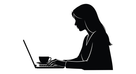 A woman working on a laptop with a cup of coffee depicted in a striking black silhouette on transparent background © mrvect02