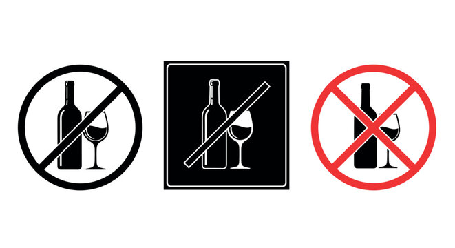 A set of no drinking signs with wine and glasses on a white background