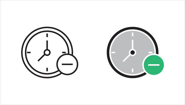 Outline clock icon with minus symbol representing time reduction, limited time, deadline adjustment, schedule decrease, or cancellation concept. Minimal black vector isolated on white background.