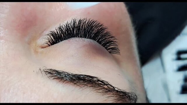 Close up of female eye with eyelash extensions ,eyelash extension procedure.2d volume, 3d volume, classical lashes,Russian volume,mega volume, new set.